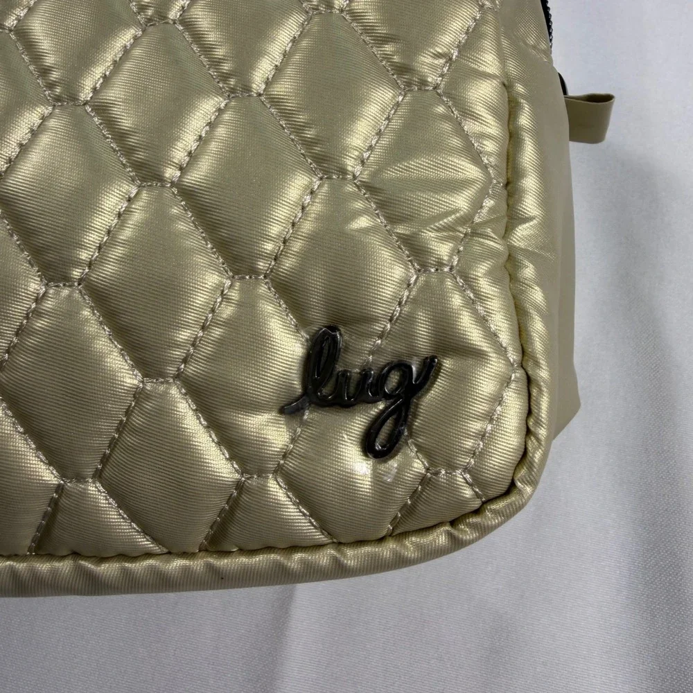 Lug Quilted Cosmetic Bag Metallic Champagne Gold Floral Lining Travel Pouch